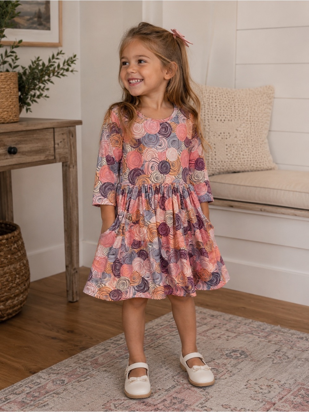 Mila & Rose Multicolor Pink Purple Orange Rose Chore Pocket Swing Dress 4T Boho